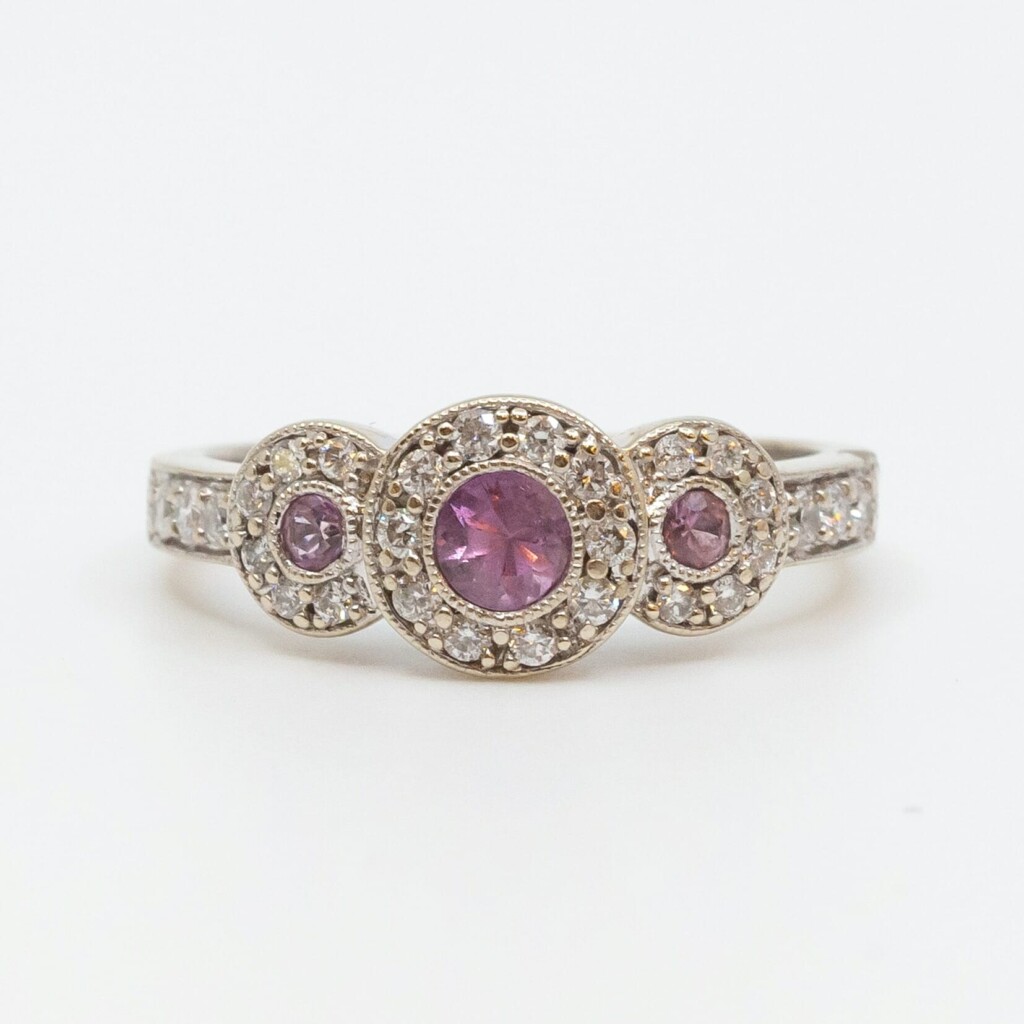 10ct White Gold Pink Sapphire Trilogy & Diamond Ring Size M 1/2 #58910