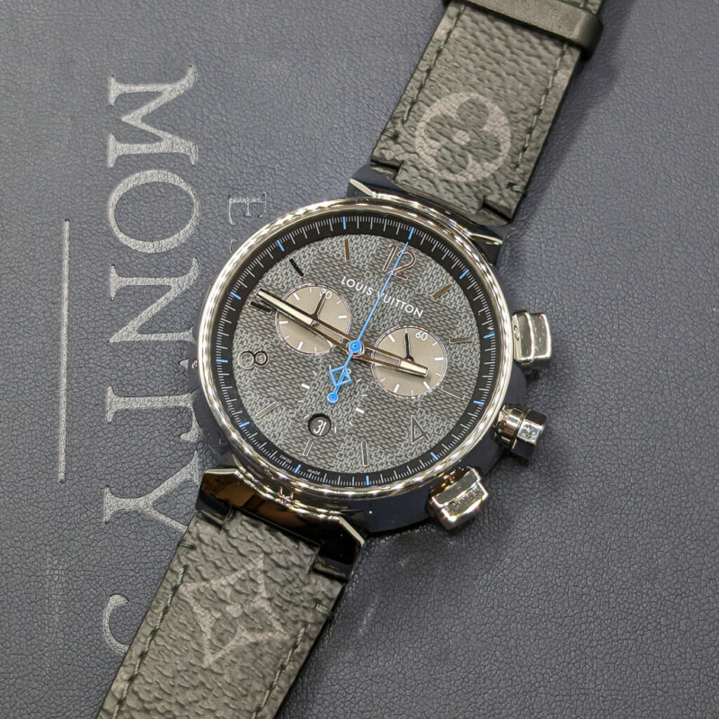 Louis Vuitton Tambour GM Damier Graphite Chronograph Watch QA094 + Box #60630
