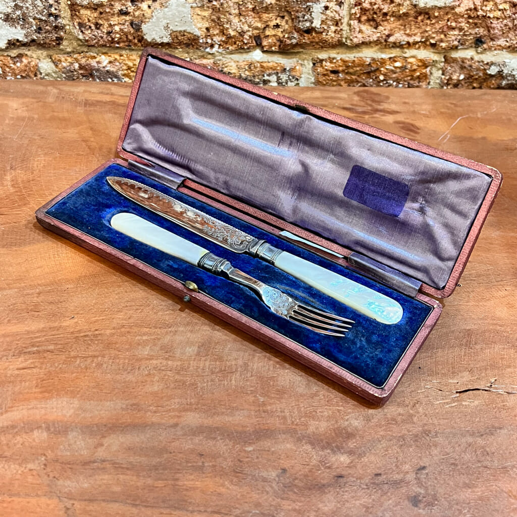 Antique Mother of Pearl Handle Fork & Knife by Levesley Brothers & Lloyd #60887