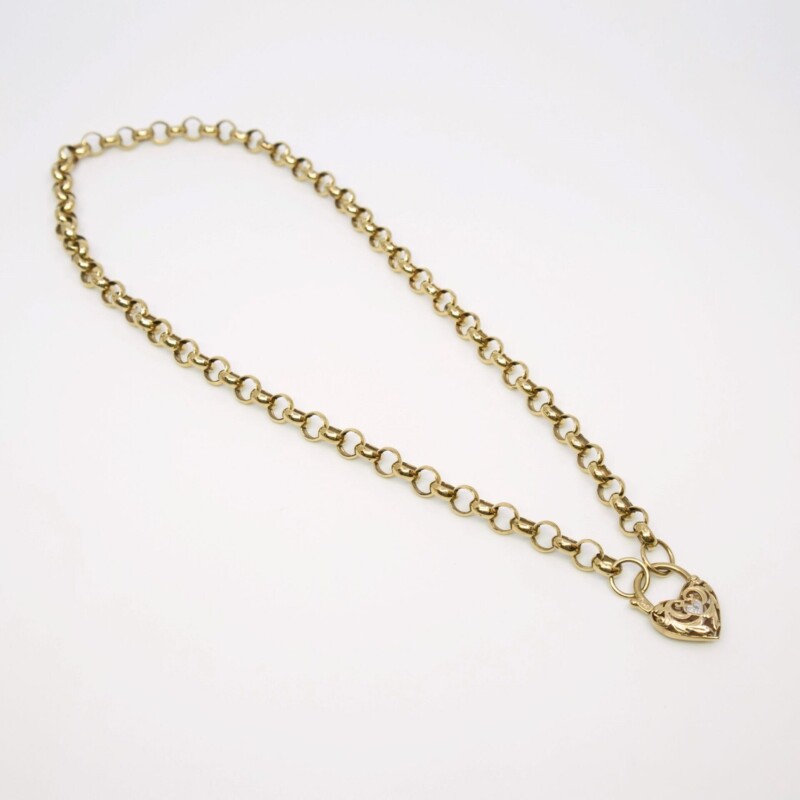 9ct Yellow Gold Belcher Chain Diamond Heart Locket Pendant 46cm #60176