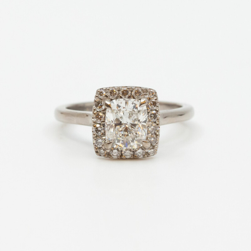 18ct White Gold 1.2ct Cushion Cut Diamond Halo Ring Size L Val $20,000 #60440