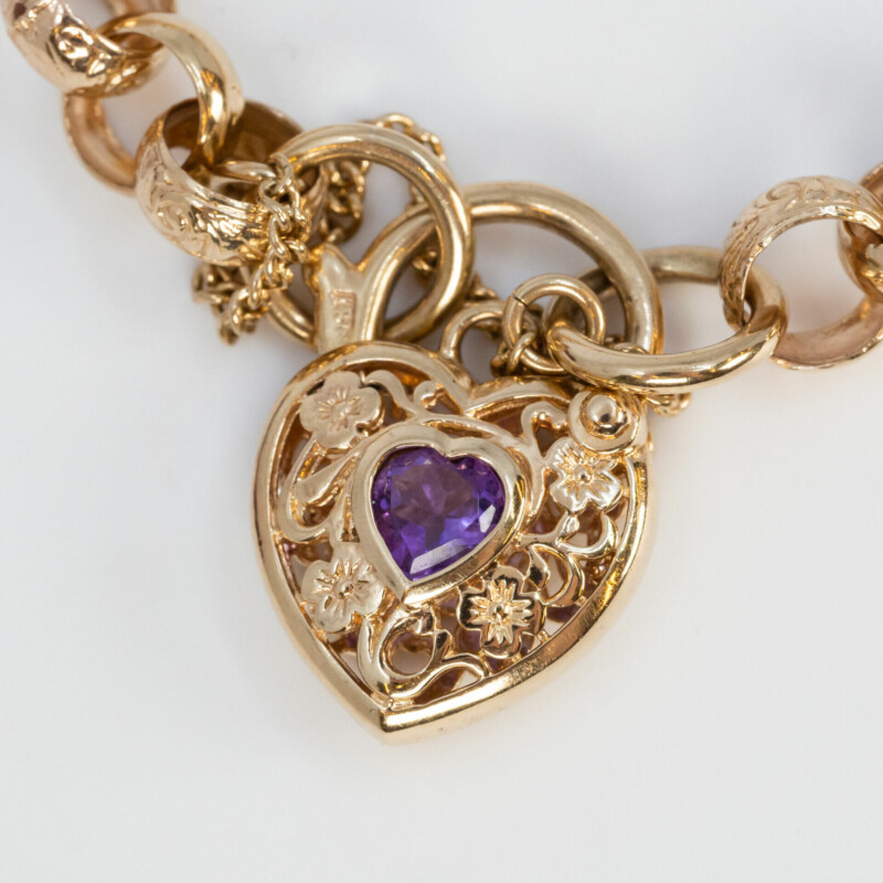 9ct Yellow Gold Amethyst Belcher Bracelet Heart Pendant 19cm #60274