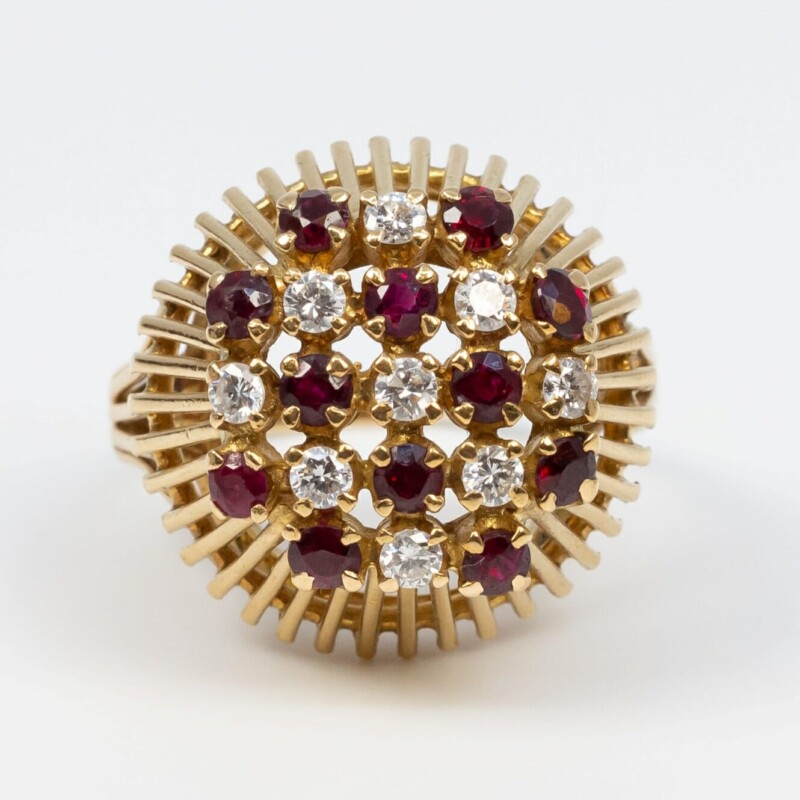 14ct Yellow Gold Ruby & Diamond Dome Cluster Ring Size P Val $4400 #59304