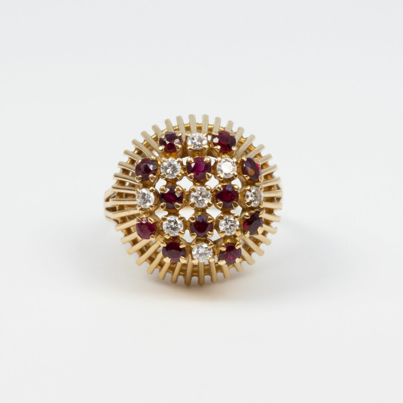 14ct Yellow Gold Ruby & Diamond Dome Cluster Ring Size P Val $4400 #59304