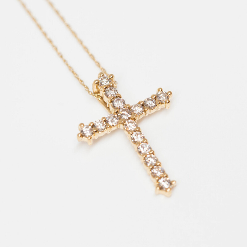 1.0ct TW Diamond Cross 14ct Yellow Gold Pendant + Chain Val $2450 #60299