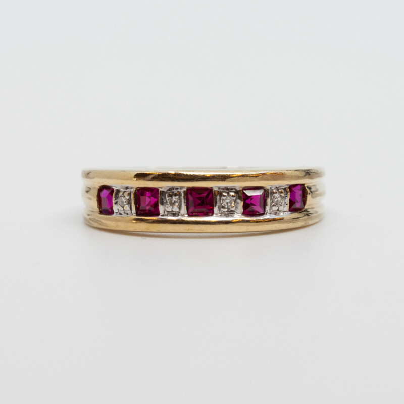 9ct Yellow Gold Ruby & Diamond Band Ring Size R #56975
