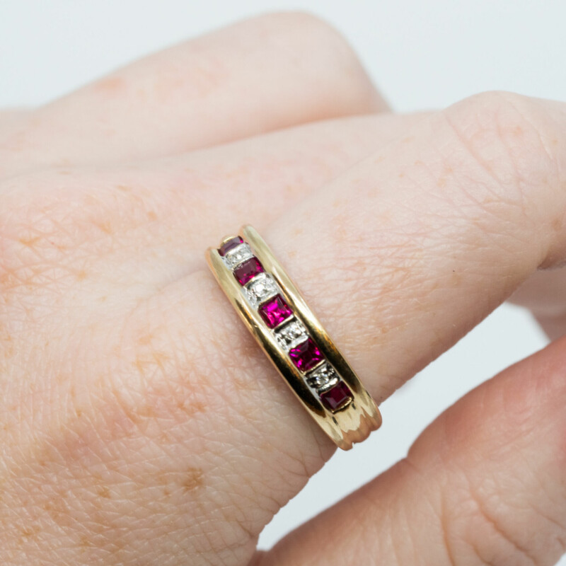 9ct Yellow Gold Ruby & Diamond Band Ring Size R #56975