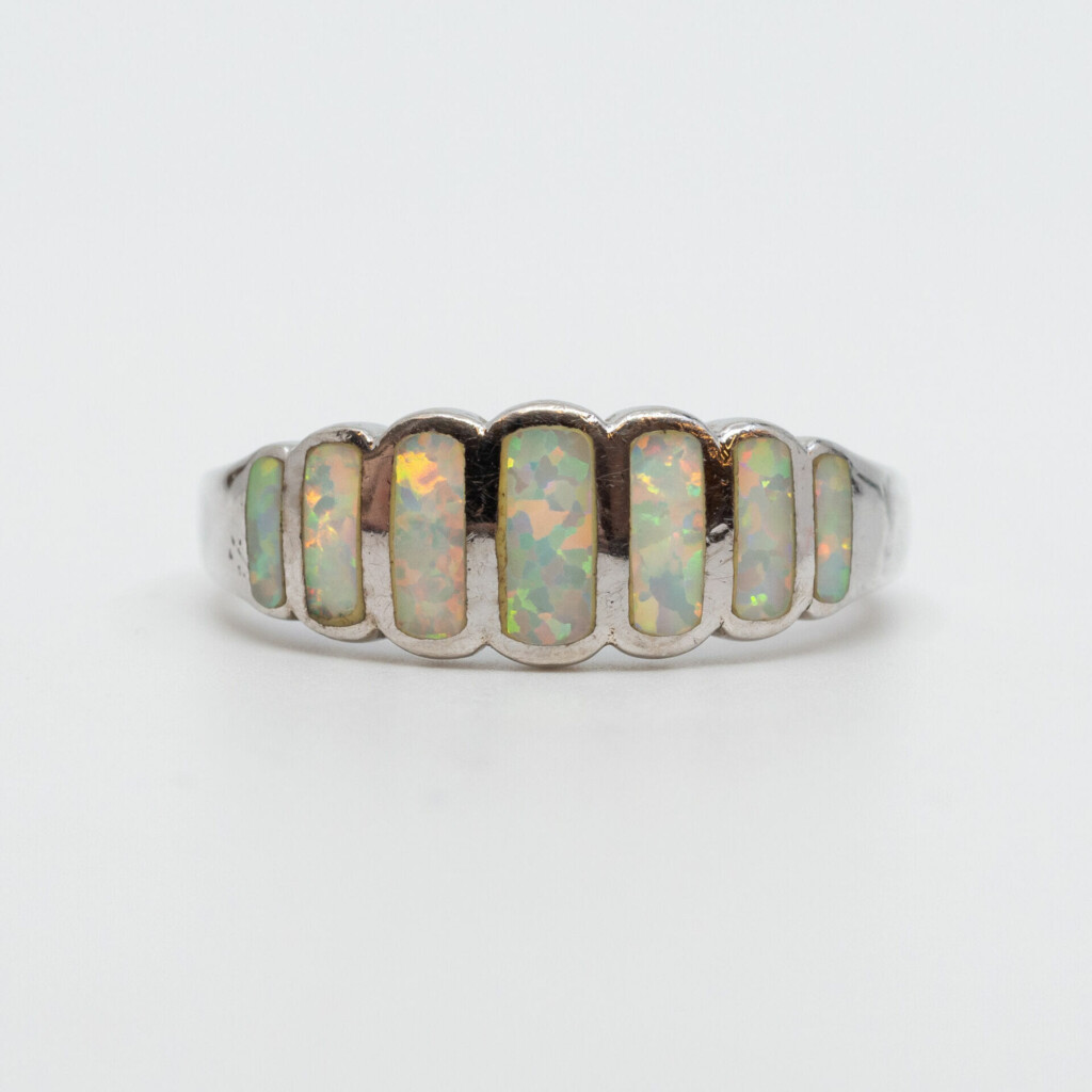 Sterling Silver Synthetic Opal Dress Ring Size P #56979