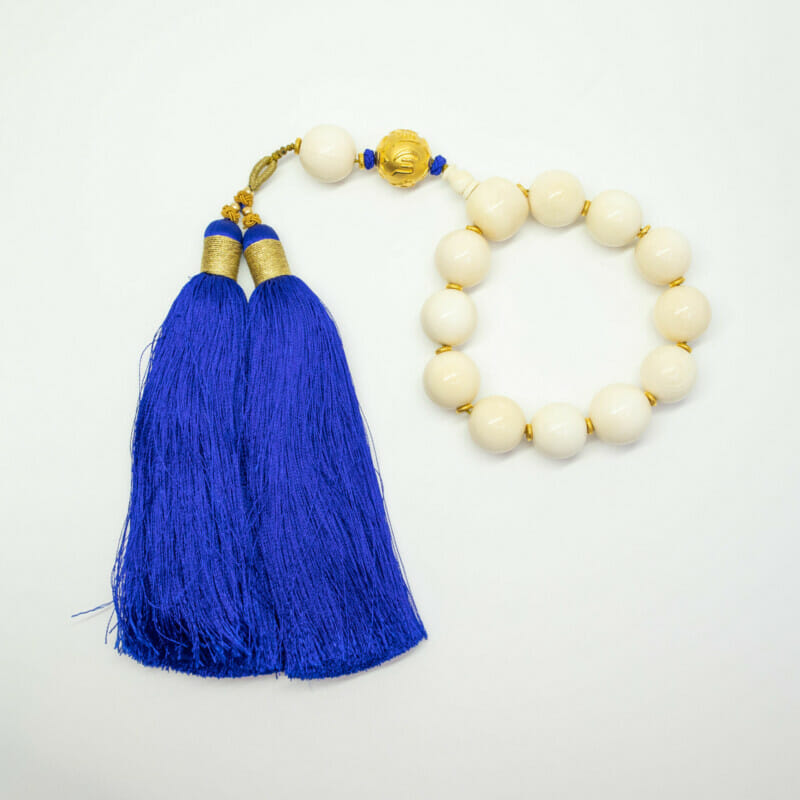 Bone (i) Mala Bead Bracelet with Gold Ball & Blue Tassle #53790