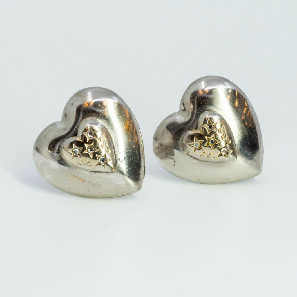 Vintage Sterling Silver & 9ct Gold Love Heart Clip-On Earrings #60234