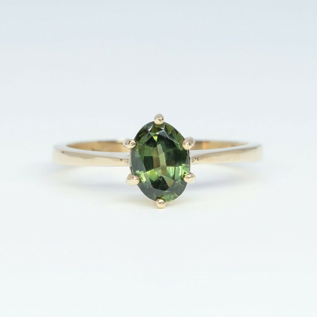 9ct Yellow Gold Oval Natural Green Sapphire Ring Size O #5554-22