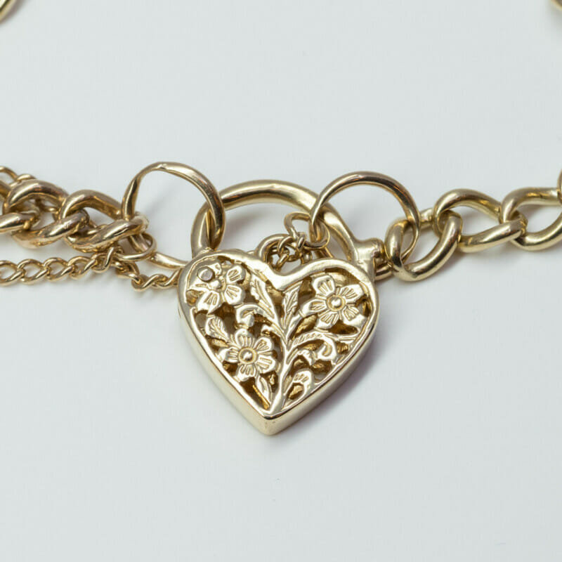 9ct Yellow Gold Rounded Curb Bracelet Heart Clasp #60612