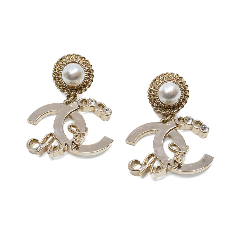 Chanel Metal Pearl CC Script Drop Earrings + Box #60225
