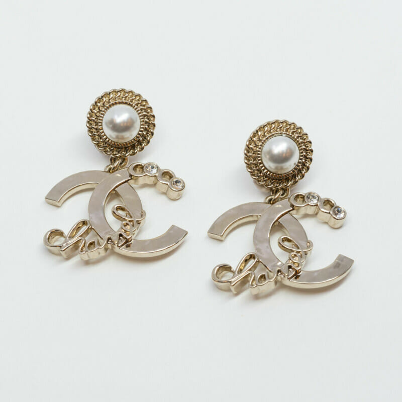 Chanel Metal Pearl CC Script Drop Earrings + Box #60225