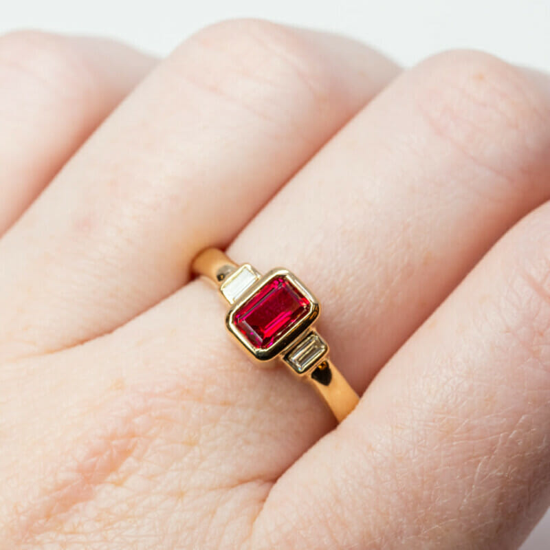 18ct Yellow Gold Ruby & Diamond Three Stone Ring Size N 1/2 #9205-1