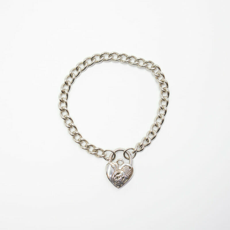 Sterling Silver Curb Link Heart Charm Bracelet 20cm #61020