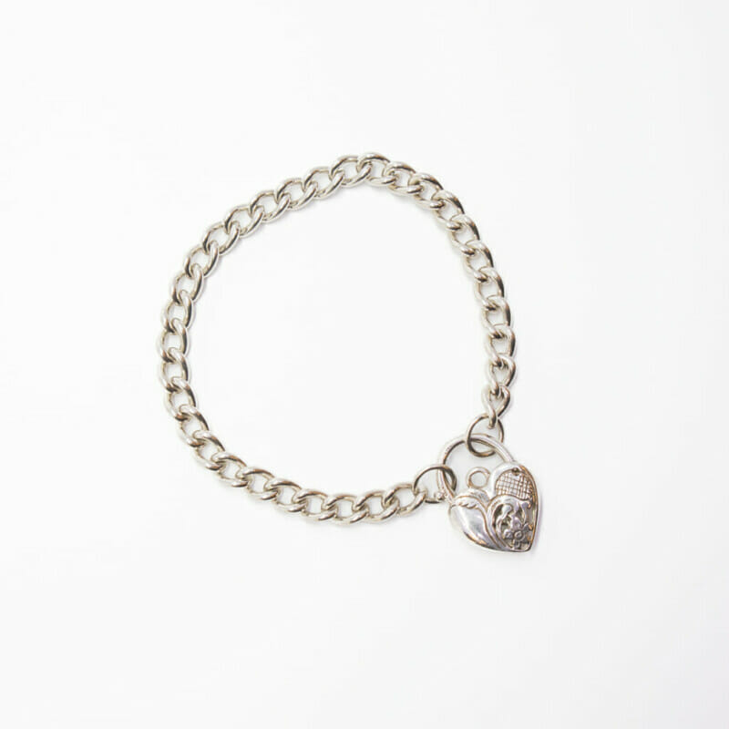 Sterling Silver Curb Link Heart Charm Bracelet 20cm #61020