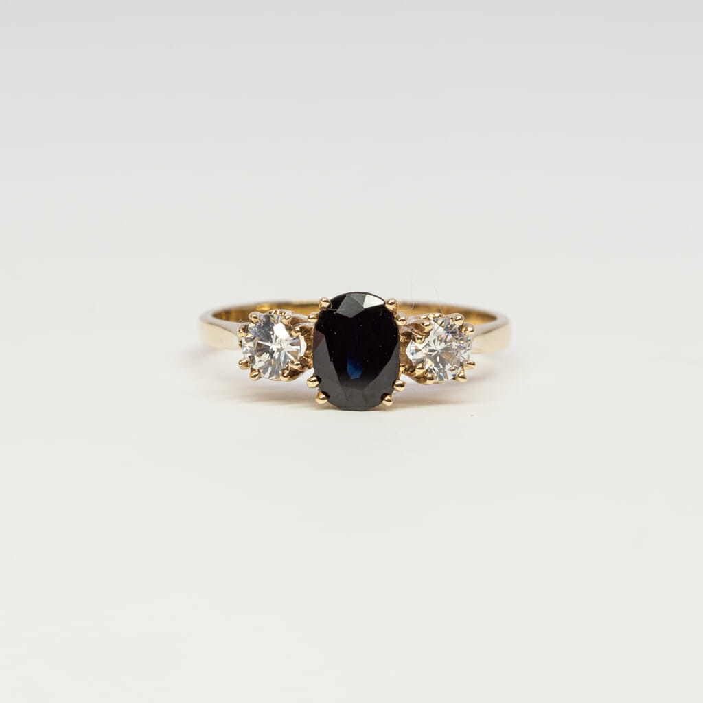 9ct Yellow Gold Sapphire & CZ Trilogy Ring Size P #2946