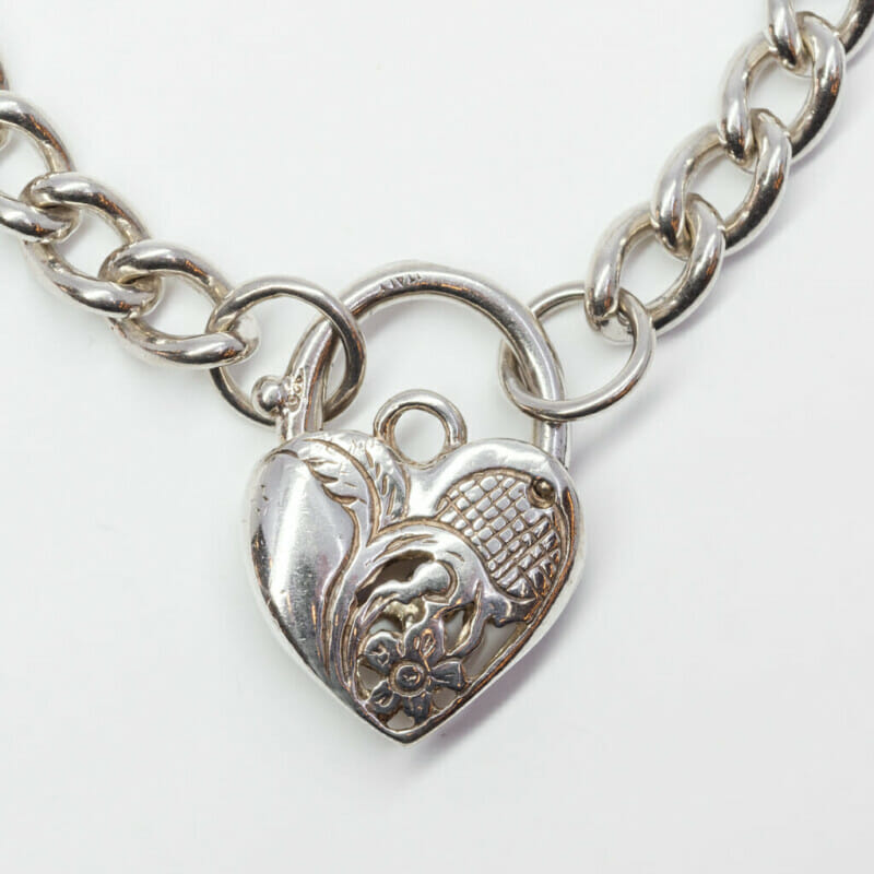 Sterling Silver Curb Link Heart Charm Bracelet 20cm #61020