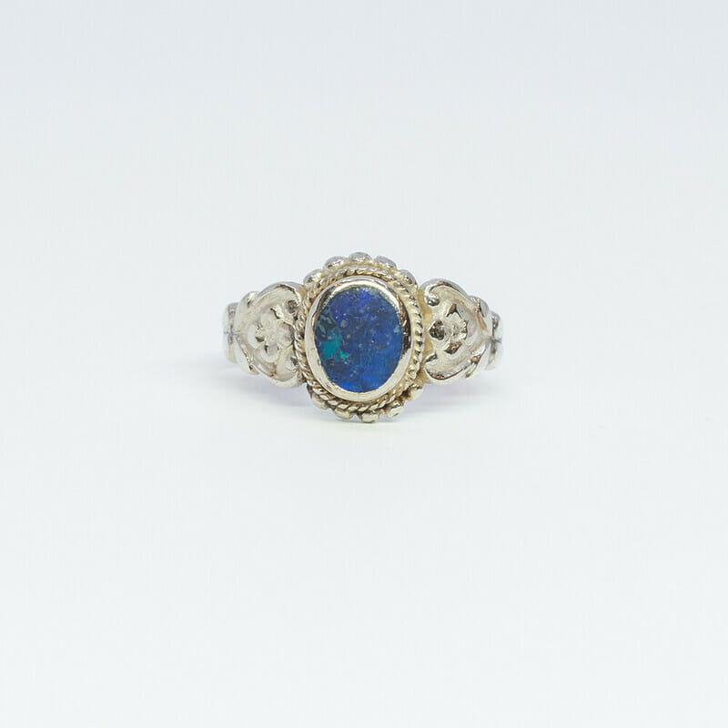 Vintage Silver Blue Oval Opal Ring Size K #4532-2