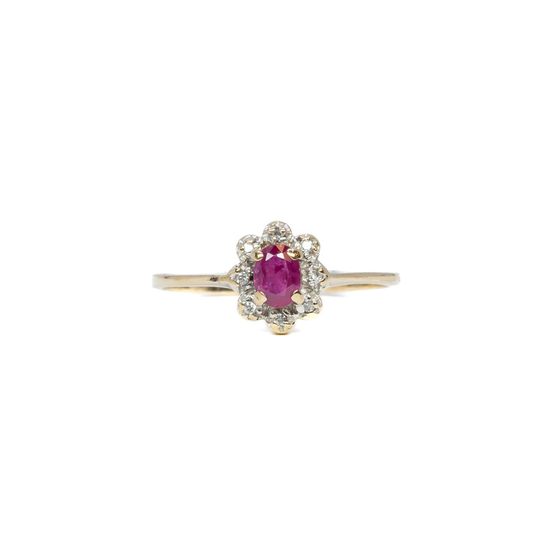 Vintage 9ct Yellow Gold Ruby & Diamond Flower Ring Size M 1/2 #8601-3