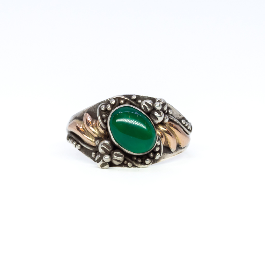 Sterling Silver & Solid Gold Green Agate Ring Size M 1/2 #61255-13