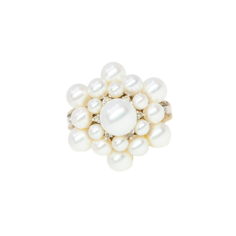 9ct Yellow Gold Pearl Cluster & Diamond Ring Size P Val $2500 #57727