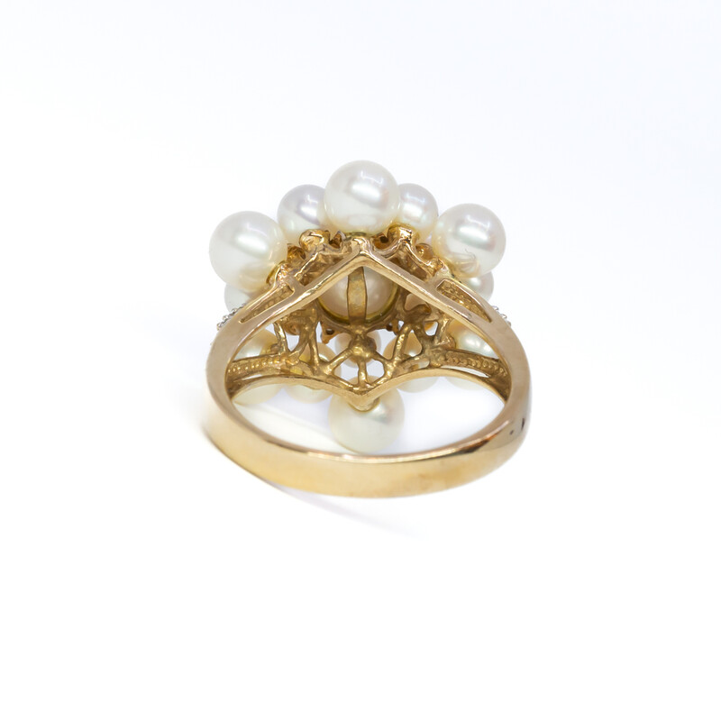 9ct Yellow Gold Pearl Cluster & Diamond Ring Size P Val $2500 #57727