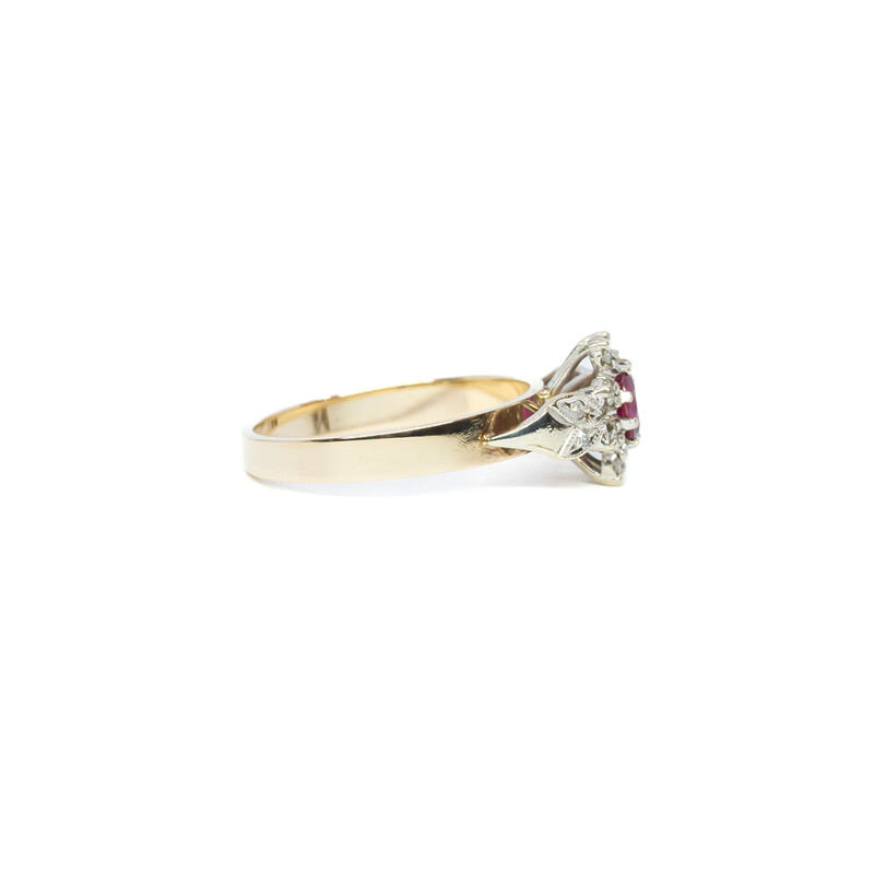 9ct Yellow Gold Ruby & Diamond Halo Ring Size O #61290