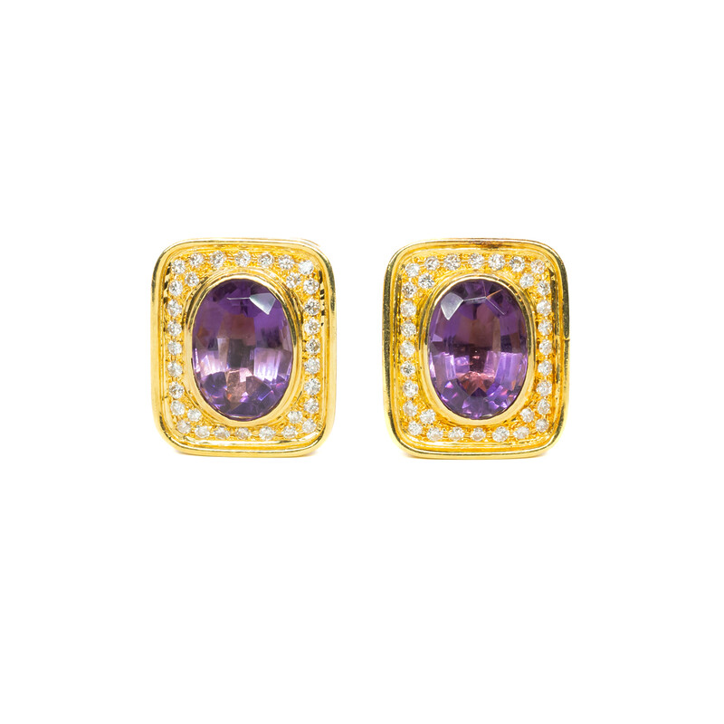 18ct Gold 16.0ct TW Amethyst & 2.0ct TW Diamond Rectangle Earrings Val $13500 #61256