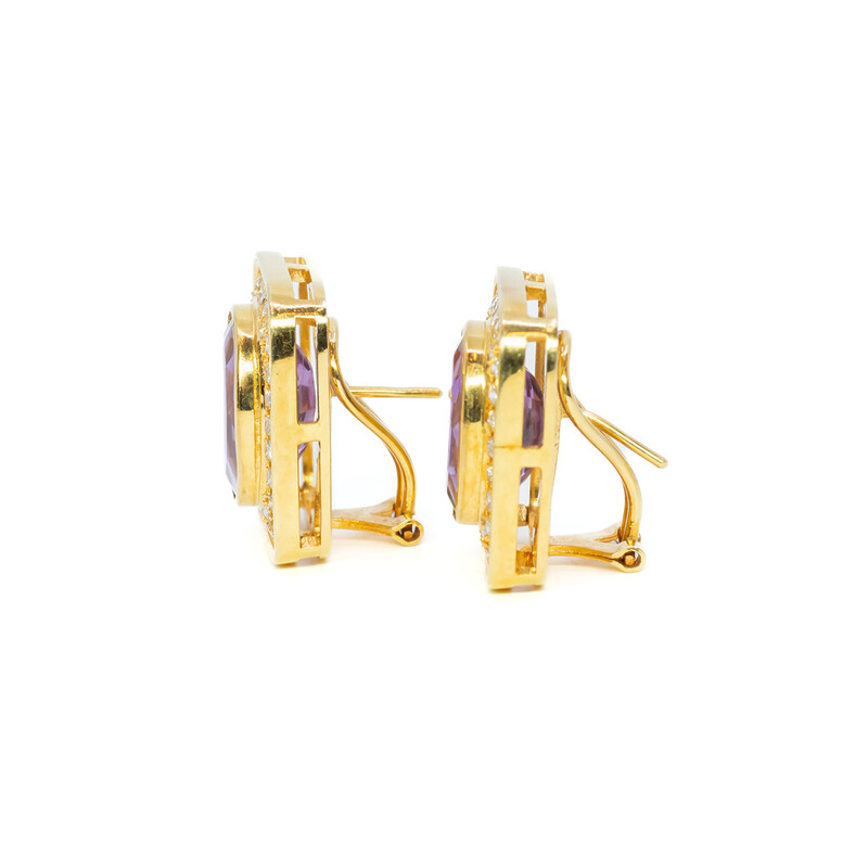 18ct Gold 16.0ct TW Amethyst & 2.0ct TW Diamond Rectangle Earrings Val $13500 #61256