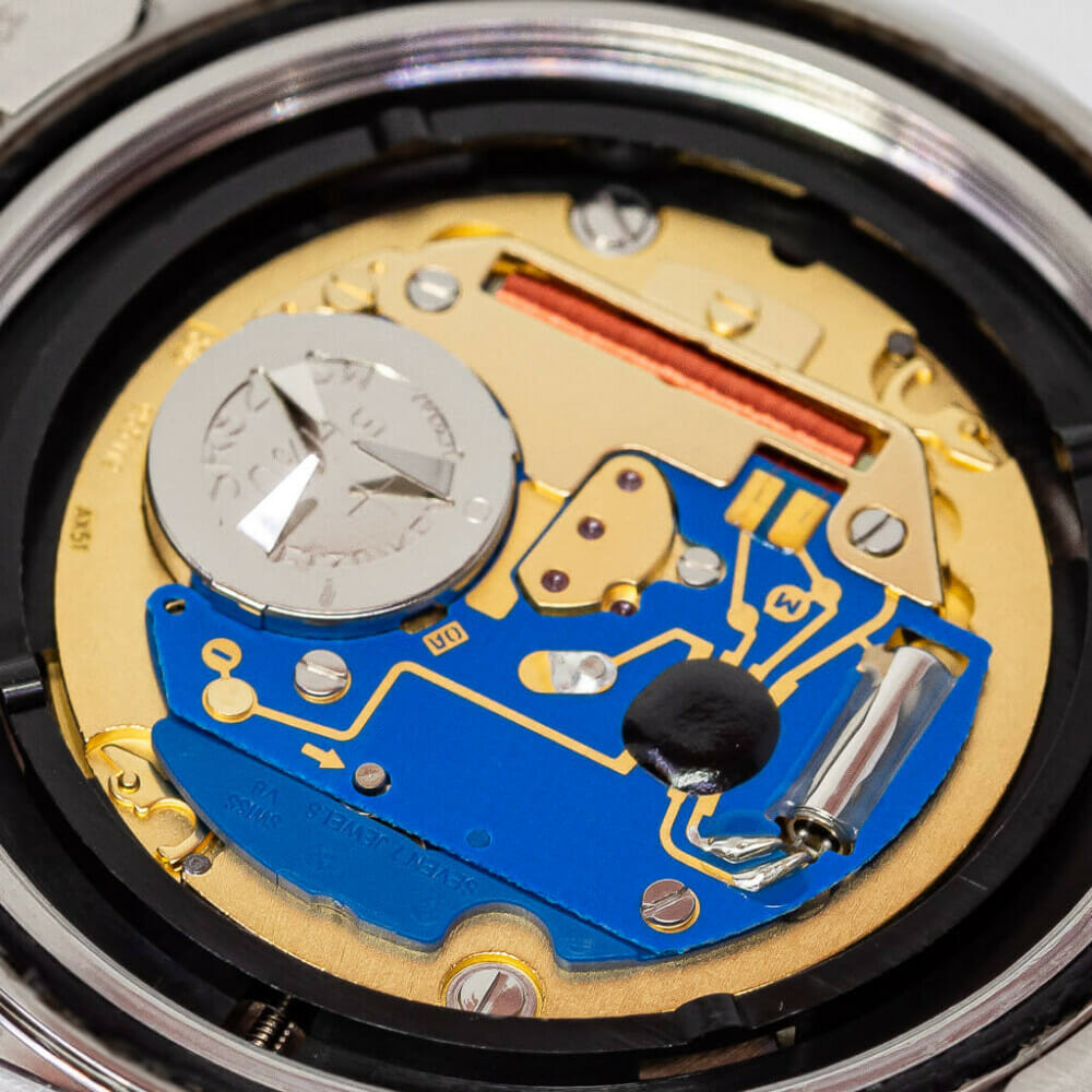 Inside a quartz watch movement made by Tag Heuer.