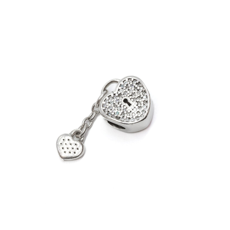 Pandora Sterling Silver Pave Heart Padlock Charm - Broken Key #60347-2