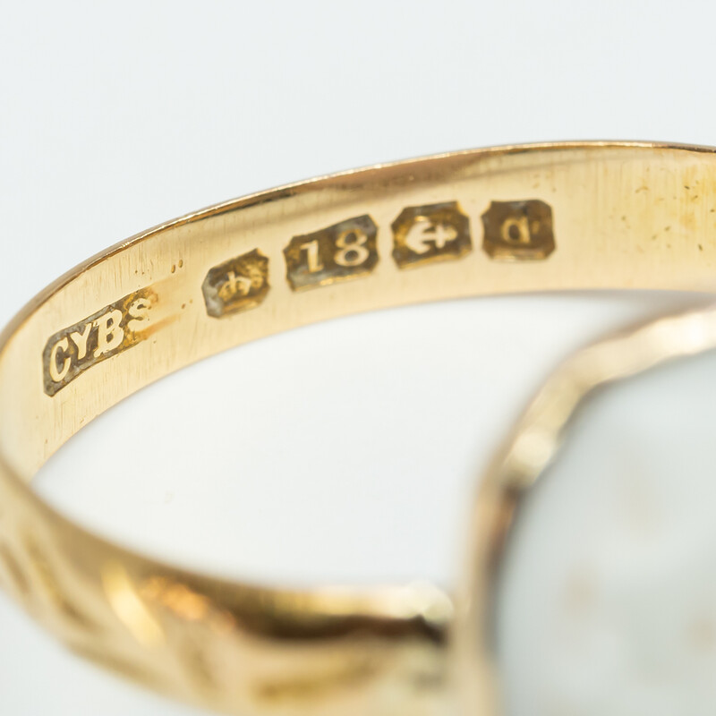 Antique hallmarks on a gold ring.