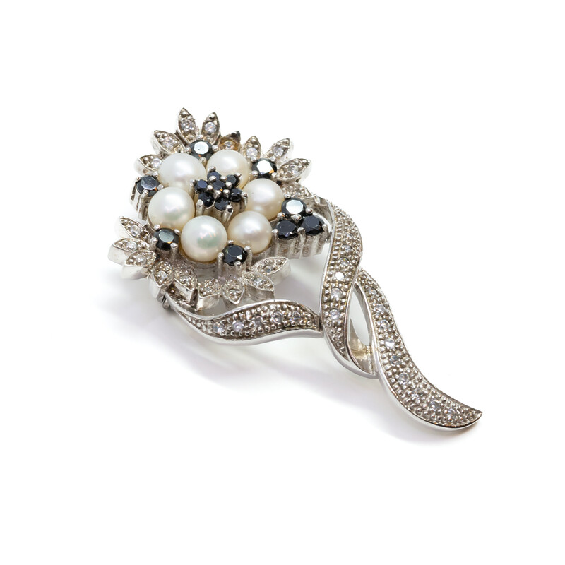 Sterling Silver Pearl & Black / White Stone Pin Brooch #60894