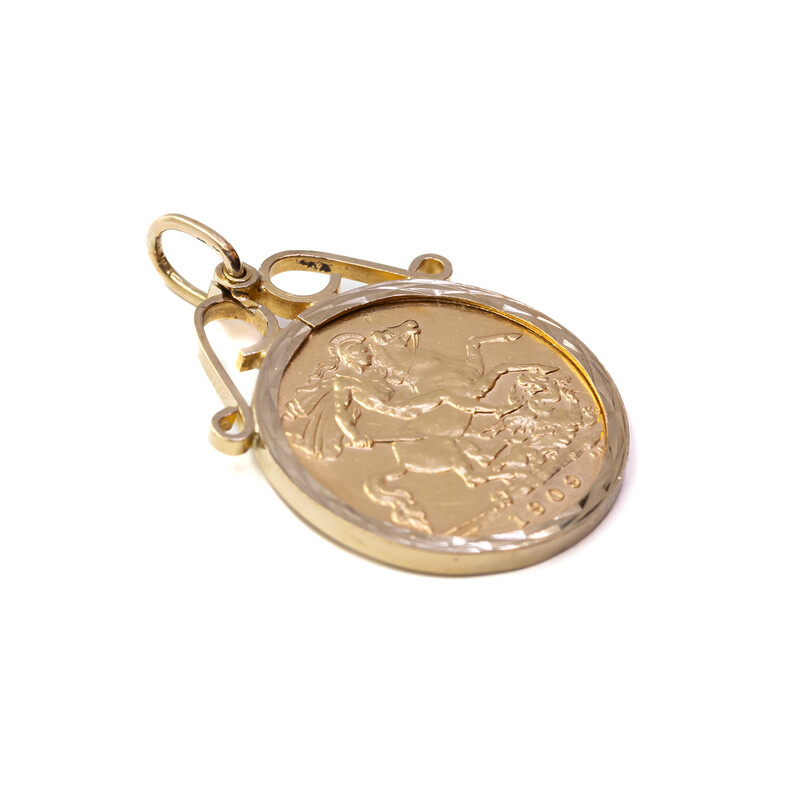 22ct Gold 1909 Half Sovereign Coin in 9ct Pendant #60459