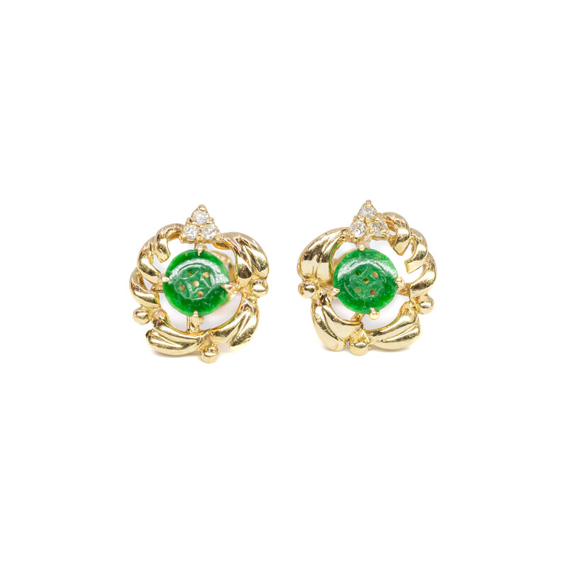 18ct Yellow Gold Jade & Diamond Stud Earrings #58313