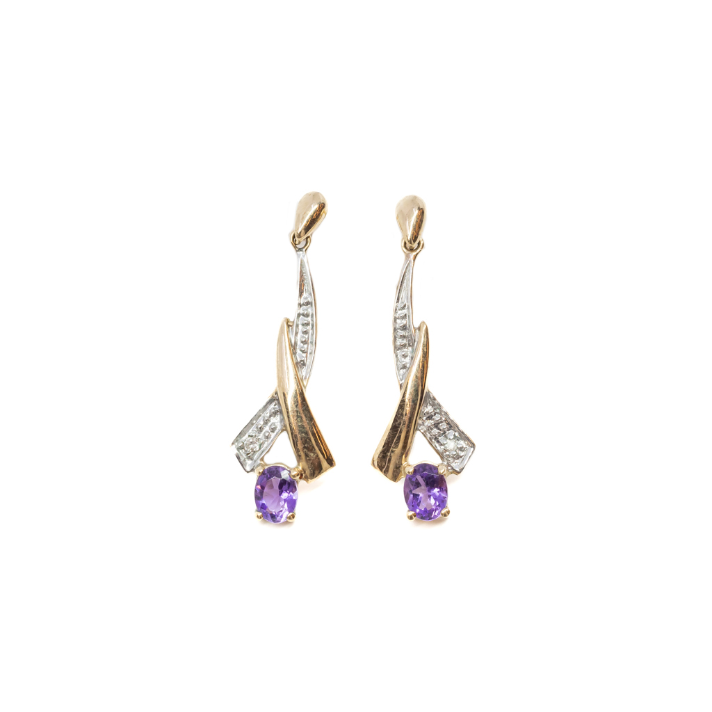 9ct Yellow Gold Amethyst & Diamond Drop Earrings #56887 9ct Yellow Gold Amethyst & Diamond Drop Earrings #56887