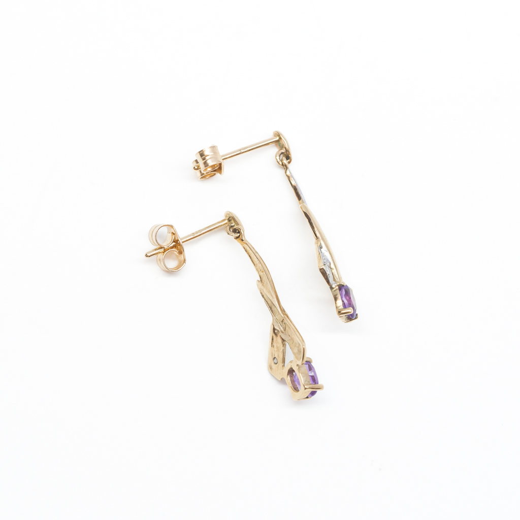 9ct Yellow Gold Amethyst & Diamond Drop Earrings #56887 9ct Yellow Gold Amethyst & Diamond Drop Earrings #56887 - Image 5