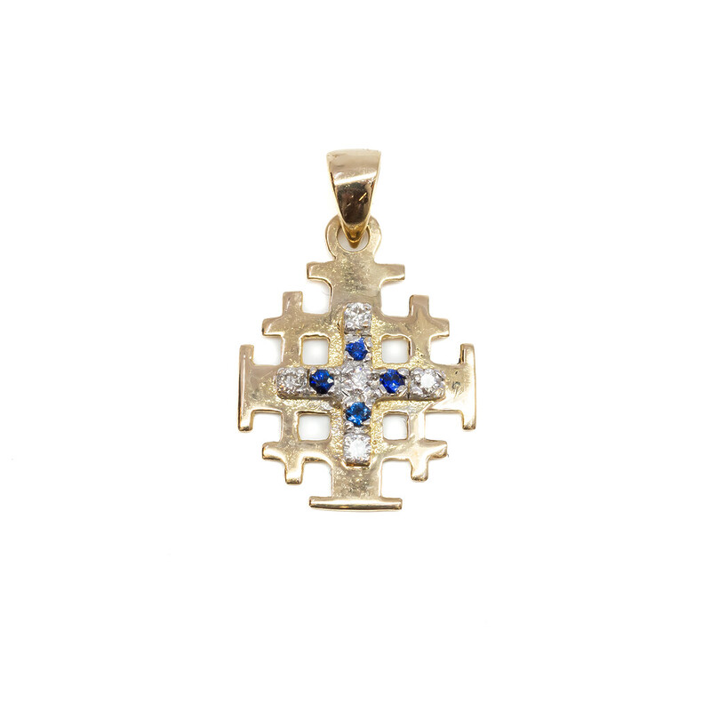 14ct Yellow Gold Diamond & Sapphire Jerusalem Cross #60957