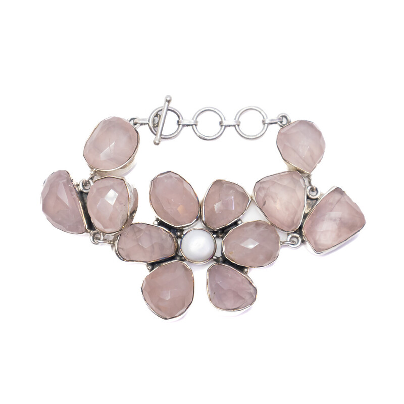 Sterling Silver Flower Rose Quartz & Pearl Bracelet 21cm #4837-1