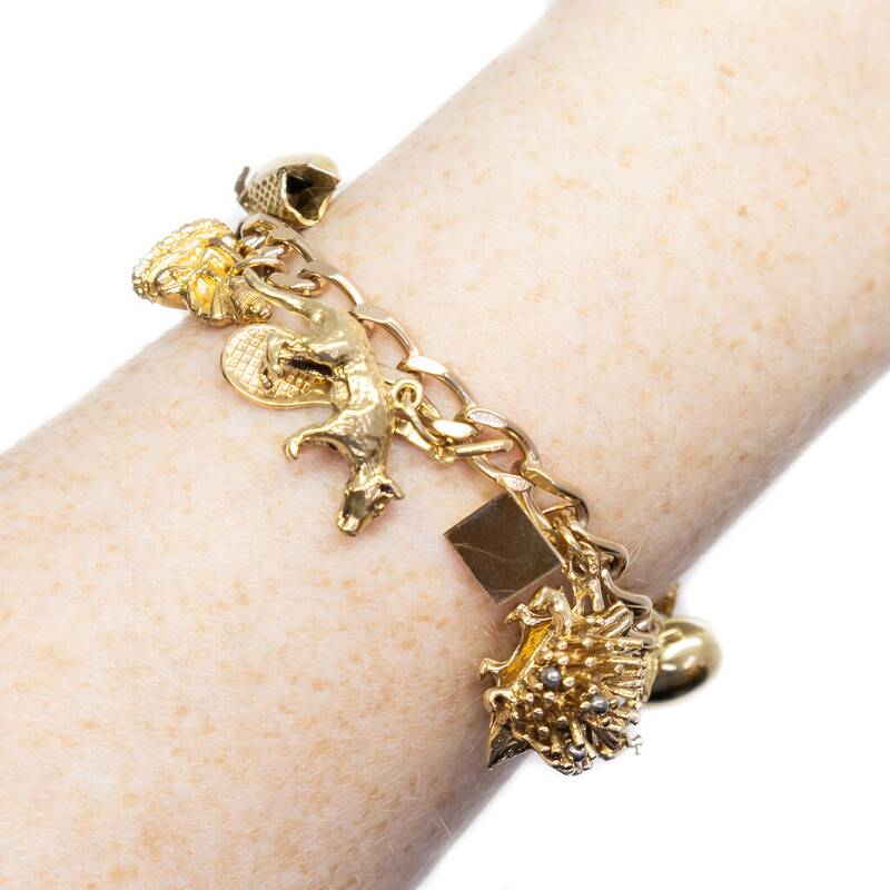 9ct Yellow Gold 17x Unique Charm Curb Link Bracelet 18.5cm #61761