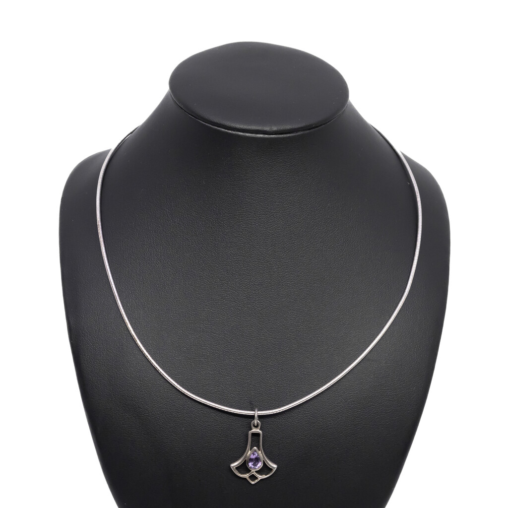 Sterling Silver Amethyst Pendant on Omega Chain Necklace 42cm #5920