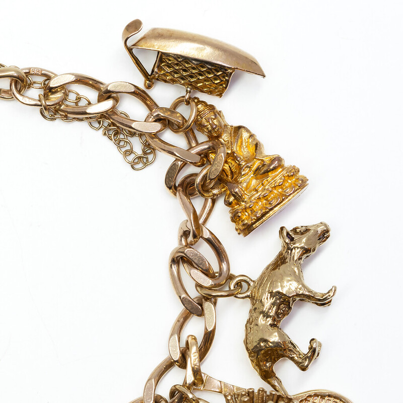 9ct Yellow Gold 17x Unique Charm Curb Link Bracelet 18.5cm #61761