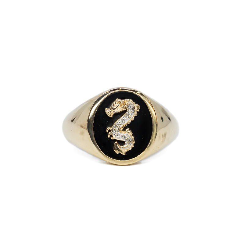 9ct Yellow Gold Men's Onyx Dragon Ring Size V 1/2 #61776