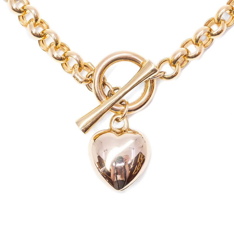 9ct Yellow Gold Love Heart Charm Belcher Necklace 50cm Toggle Clasp #62151