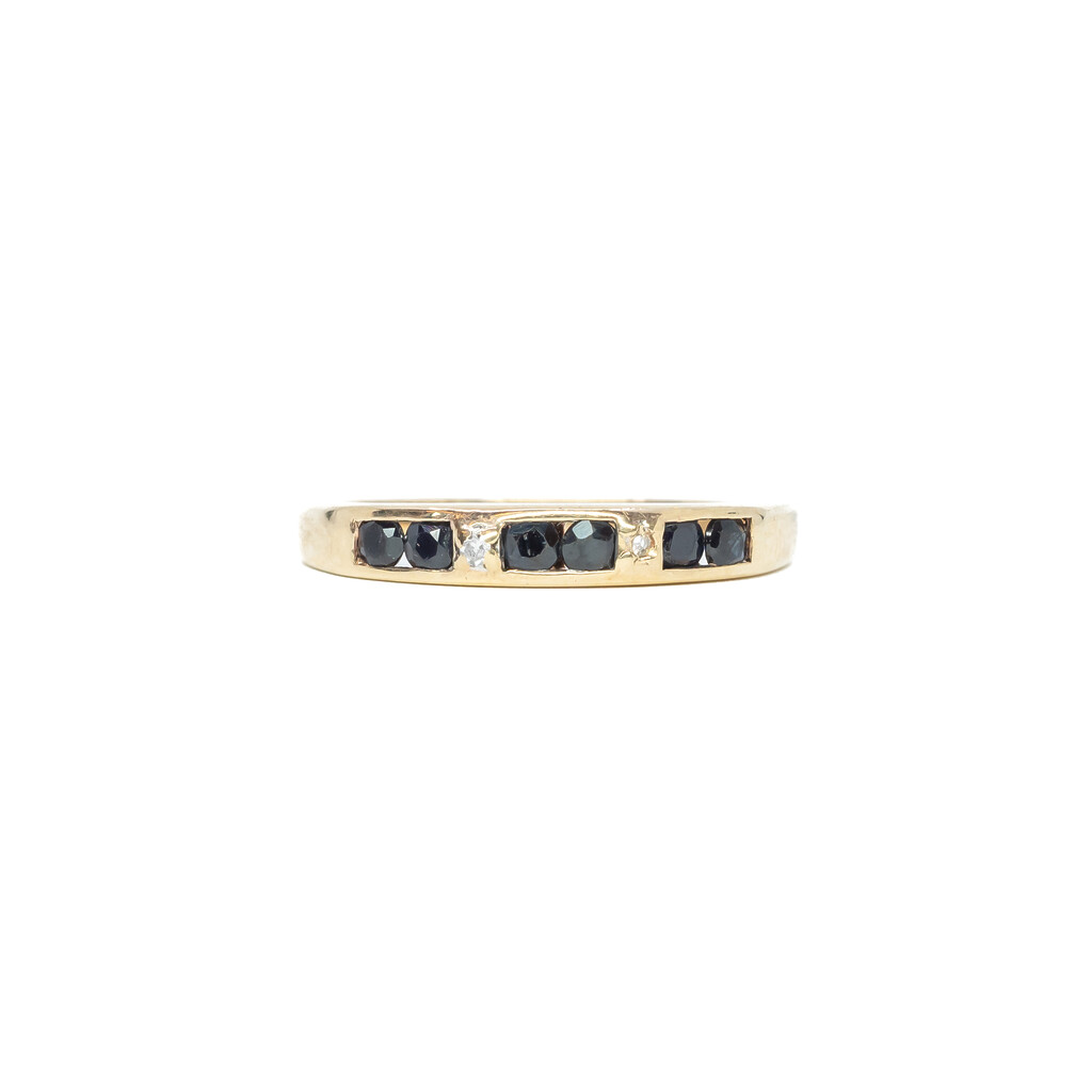 9ct Yellow Gold Dark Blue Sapphire & Diamond Band Ring Size K #58892