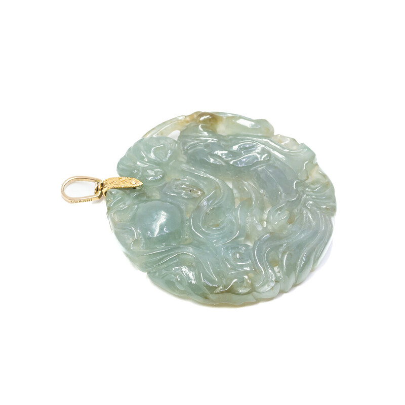 18ct Yellow Gold Jade Carved Round Pendant #59800