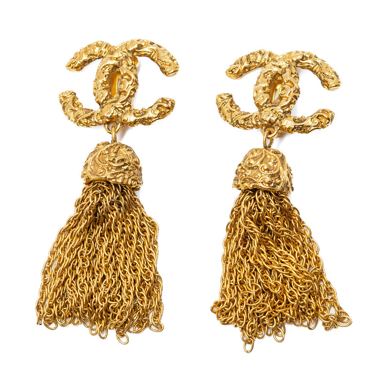 Chanel CC Dangle Tassel Earrings C.1990s (Gold-Coloured) Clip-On Rare & Collectable #61942