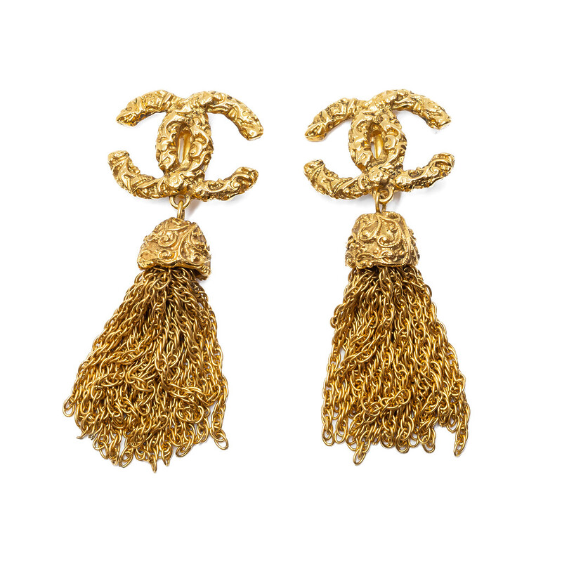 Chanel CC Dangle Tassel Earrings C.1990s (Gold-Coloured) Clip-On Rare & Collectable #61942